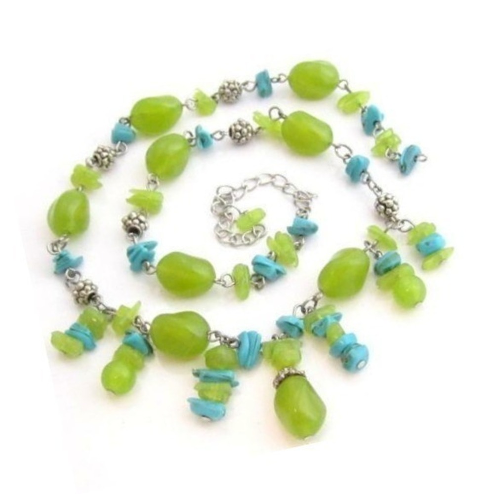 Colorful Faux Green Peridot & Faux Turquoise Chain Link‎ Bead Necklace*21"